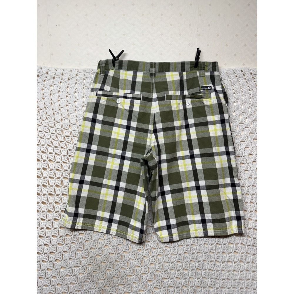 Southpole Chino Shorts Mens Sz 36 Olive Gray White Plaid Flat Front  Plaid